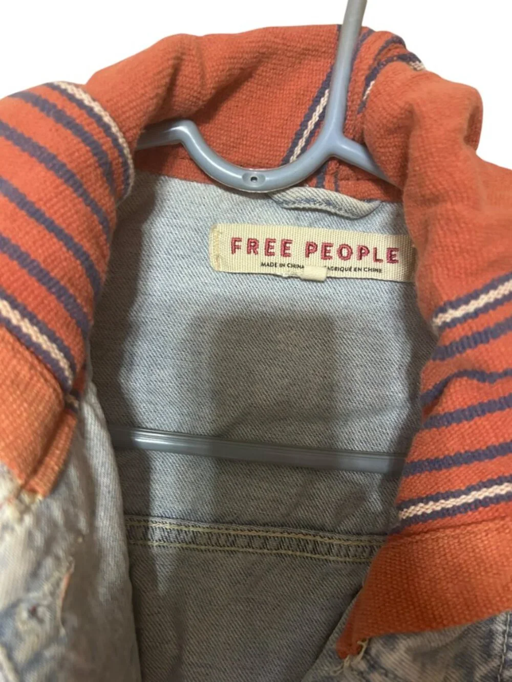 Free People Hooded Denim Jacket Rust Stripe Raw Hem Cropped XS